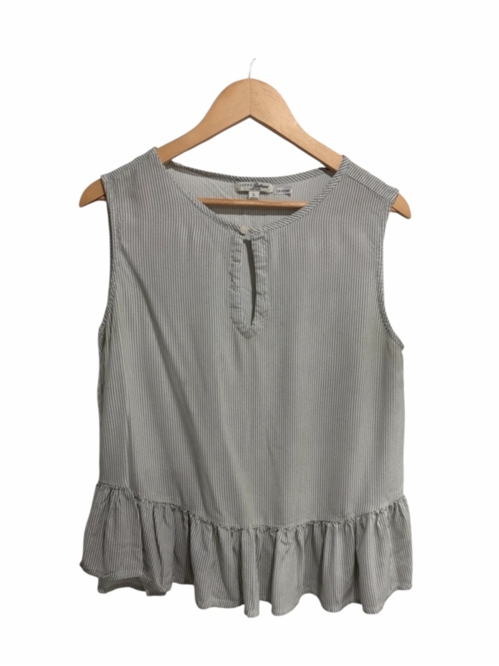 JACHS Girlfriend Light Green & White Striped Ruffle-Hem Sleeveless Top